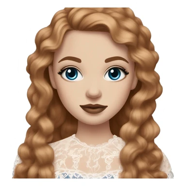 White girl with long hair a mix between dark ginger and dark blonde. Blue eyes long eyelashes rose cheeks and nude lipstick and bold eyeliner. Wearing frilly blouse with puff sleeves and lace sticker