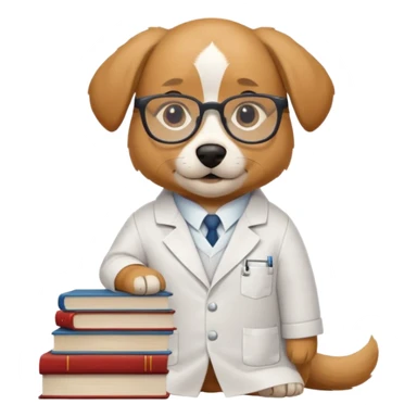 Wise dog with glasses, wearing a lab coat, perched on a stack of books. sticker
