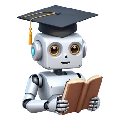 Ai  robot reading a big book with graduation head sticker