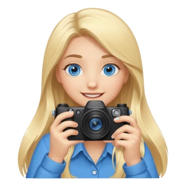  blue eyes blonde girl photographer cartoon taking picture in middle of taking picture camera in front of face long hair smiling funny flash professiona sticker