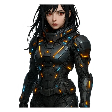 dark-haired, red-eyed girl in a sci-fi military uniform with glowing accents, futuristic, high-tech, detailed sticker