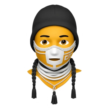 Ultra-detailed studio shot of a post-apocalyptic off-white balaclava — deconstructed, frayed, layered, with braided rope tassels and subtle embroidery. Minimalist white background, soft lighting, sharp focus. High-fashion streetwear aesthetic. sticker