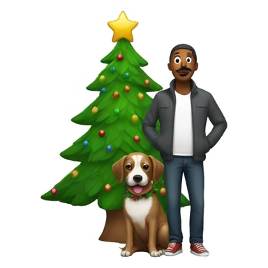 Man disguised in a christmas tree with a dog sticker