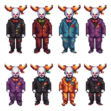 demonic clown wearing a leisure suit, bald with different horn styles sticker