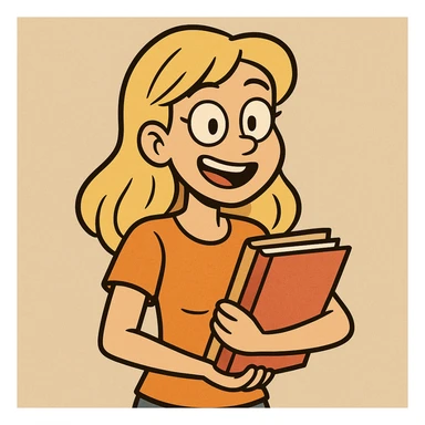 blonde girl in an orange t-shirt holding folders, smiling, cartoon style sticker