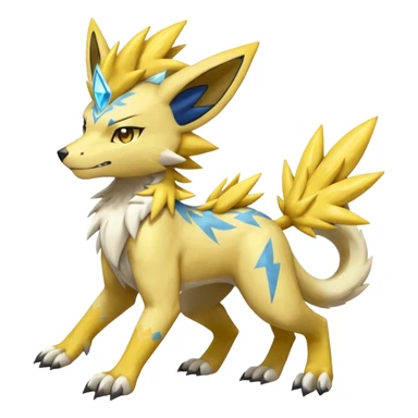 Scaly rough passionate excited starry-eyed Asian painted Zeraora-Manectric-Solgaleo-Electrike-Furfrou-Fakemon-fusion, full body sticker