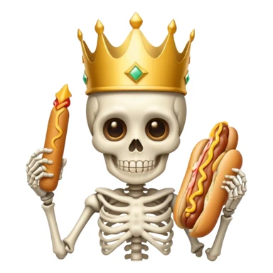 A cute skeleton wearing crown and holding hot dog sticker
