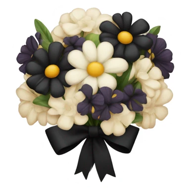 black bouquet of different flowers tied together with black bow sticker