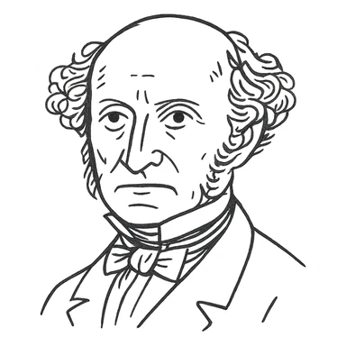 a hand drawn black outline portrait of philosopher John Stuart Mill with similar-sized eyes based a famous portrait of him, with fluffy hair sticker