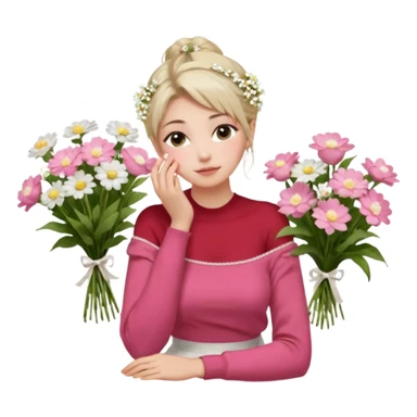a girl  sitting  near various bouquets of flowers , white and pink flowers . She is holding a single white flower up to her face, Her hairstyle is slightly messy updo, with a few soft strands falling around her face, . She wears a red off-shoulder cardigan and a white long skirt. sticker