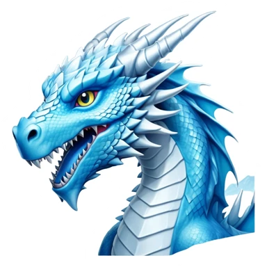 Cinematic Noble Fierce Ice Dragon Portrait Emoji, Poised and imposing, distinct long elegant snout, with a slender, scaled body shimmering in glacial hues of icy blue, frostbitten silver, and crystalline white, breathing out frost, with piercing, glowing eyes that radiate the chilling depths of an arctic storm; rendered in detail. sticker