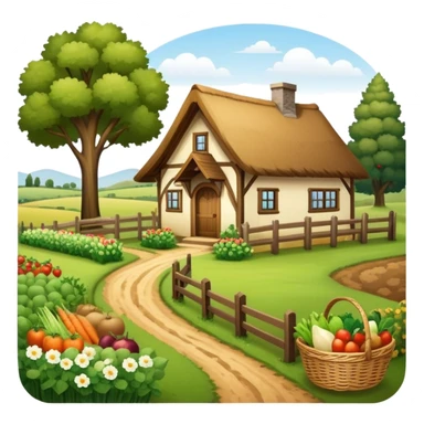 Icon for Rural Tourism: a peaceful countryside scene with a wooden cottage, a dirt path, grazing animals, and a basket of fresh produce. The icon should represent the tranquility and charm of rural life. Transparent background. sticker