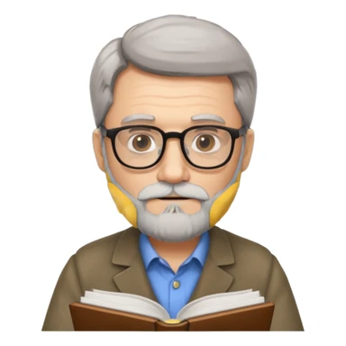 man with gray beard and glasses studying sticker