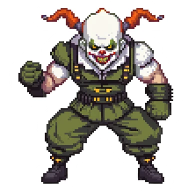 evil clown soldier, bald, short black devil horns on forehead, fangs, pointed ears, black and military green clothes, realistically proportioned, bulky and muscular, full body, fighting stance sticker