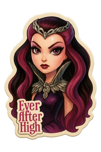 Ever After High sticker of Raven Queen, close-up portrait, intense eyes, silver accessories, mystical vibe sticker