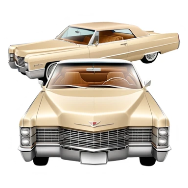 Clean-lined beige 1966 Cadillac DeVille, very minimalistic approach, 30-degree perspective, simplified iconic silhouette, Once Upon a Hollywood vehicle, iOS emoji style sticker