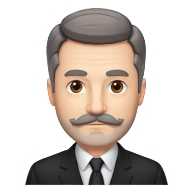 50 yr old white man, pale skin, dark grey hair with some brown highlights, side swept part, groomed moustache and beard sticker
