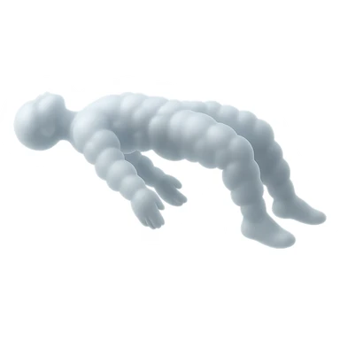 side view of unconscious person flying with torso upwards, legs and arms downwards, made of small very bright white fluffy convex clouds, matte glass style sticker