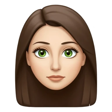 43. year old Adult woman avatar, light skin tone, long, oval face, long straight ashy brown hair, green almond-shaped eyes with dramatic eyelashes and minimal eyeliner, neutral mouth, medium straight eyebrows, small nose, smooth skin sticker