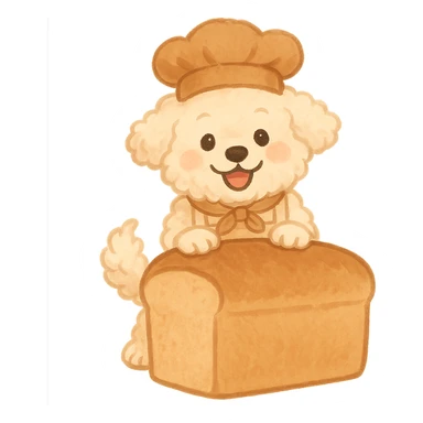 soft fluffy dog as a bread maker, peeking from a bread loaf, cheerful, warm beige, full-body sticker