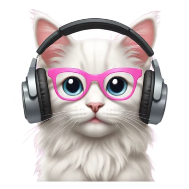 “Digital illustration of a fluffy kitten with large pink glasses and modern headphones, in emoji style, with a minimal pastel background.” sticker