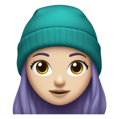 White girl, blue eyes, long teal hair, purple beanie hat, black hoodie sticker
