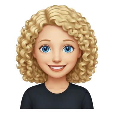 Middle aged woman with blonde curly shoulder-length hair, big blue eyes, wide smile, black shirt sticker