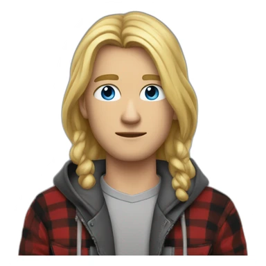 long haired blond guy skinny, tired looking, blue eyes, wearing a grey hoodie zip up with a red and black flannel under the jacket sticker