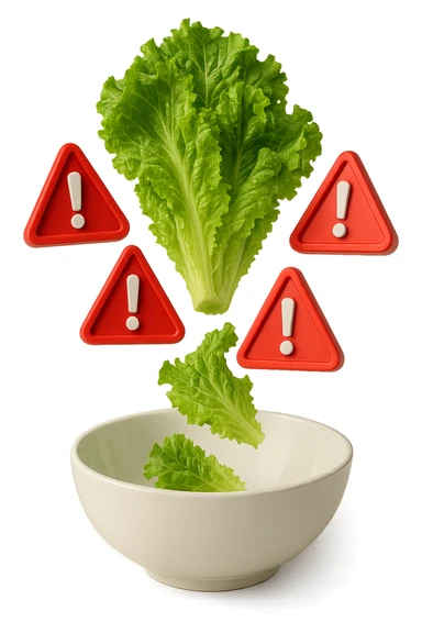 insalata che cade verticalmente in una bowl bianca insieme a segnali triangolari di pericolo con punti esclamativi rossi in 3d, iperrealistica 4k sticker