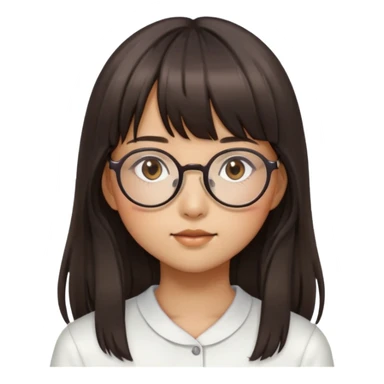 A girl with long hair and a bang. She wears round glasses and has brown eyes. She has some Asian features sticker