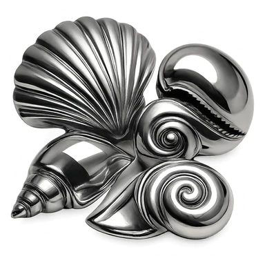 set of overlapping chrome seashells, each with a unique shape and polished surface sticker