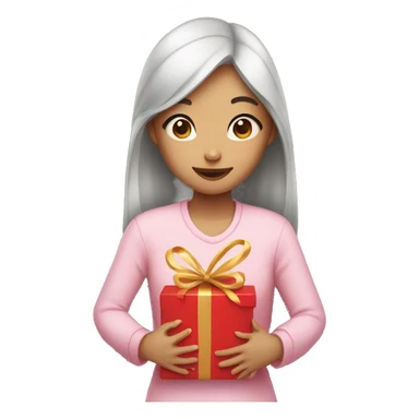 Asian girl with heart eyes holding a present sticker