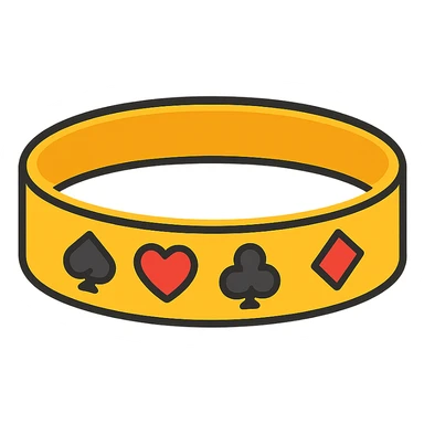 gold poker bracelet with card suit symbols, lineal color icon style, black outlines sticker