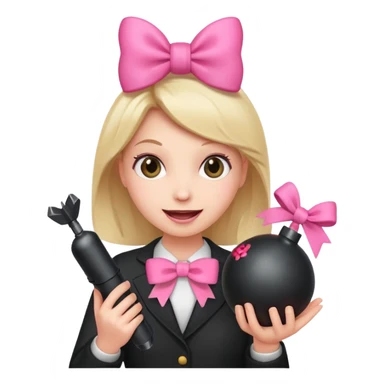 A happy face holding a bomb and the bomb has a cute pink bow sticker