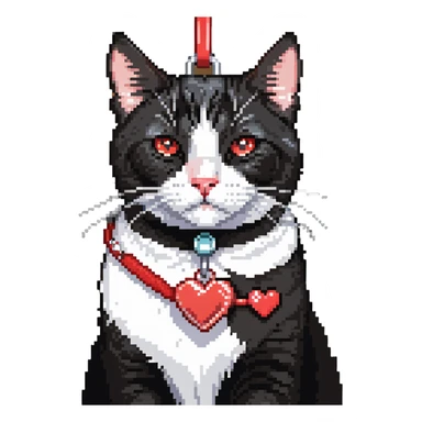 tuxedo cat with red leash and heart pendant, white fur only on mouth, small diamond spot above nose sticker