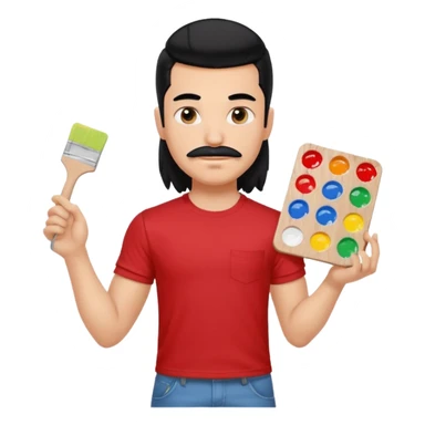 generate a pretty fair bratz boy with a long mullet (black hair), mustache, carrying a paint palette in hand and wearing a red tshirt. Lean but biceps sticker