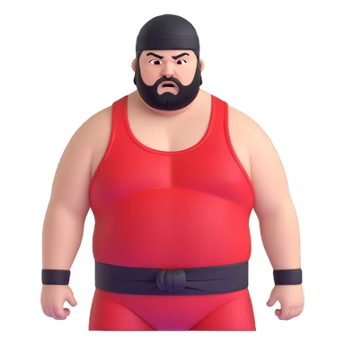 Extreme close-up of face of morbidly obese white skin guy with young face, prominent BLACK DURAG tied clearly on head, black beard but no mustache, clean shaven upper lip, black eyes in a red and black wrestling singlet with angry expression sticker