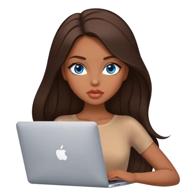 Glamours tanned very beautiful girl with big pump peach lips and dark chocolate straight smooth long hair, blue eyes in brown/beige bodysuit with MacBook sticker