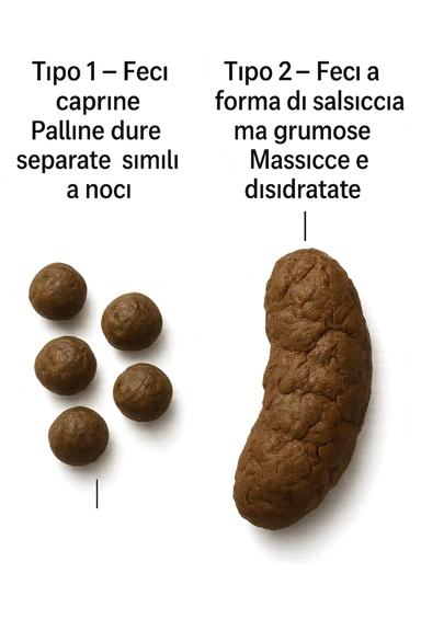 immagine di due tipi di feci iperrealistiche viste dall'alto con descrizione:
Tipo 1 – Feci caprine
Palline dure, separate, simili a noci

Tipo 2 – Feci a forma di salsiccia ma grumose
Massicce e disidratate.
 sticker