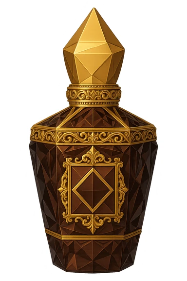Refine this perfume bottle to closely resemble the shape and ornate details of Xerjoff's 'La Capitale' fragrance bottle, keeping the style geometric and opulent, with no characters or text, and a transparent background. sticker