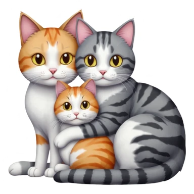 full body colourful light patched calico + white tabby cat cuddling a bigger cat that is dark grey and white tabby cat  and they are in love sticker
