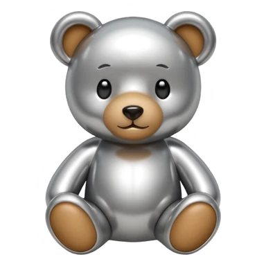 A cute teddy bear emoji made of liquid silver chrome, smooth rounded body, glossy metallic surface, soft reflections, friendly proportions, iOS emoji style, centered, clean white background sticker
