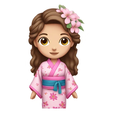 cute girl with brown hair and blue eyes in pink flower kimono sticker