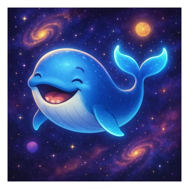 the happiest whale in space, whimsical, glowing, cosmic background sticker