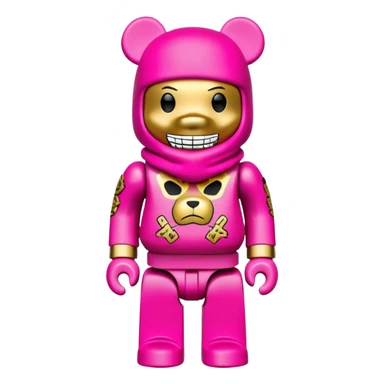 bearbrick toy figure wearing a bright pink balaclava with big pouty lips and gold grillz teeth visible, decorated with luxury brand logos and graffiti style patterns, striking a cool hip-hop pose with arms crossed confidently sticker