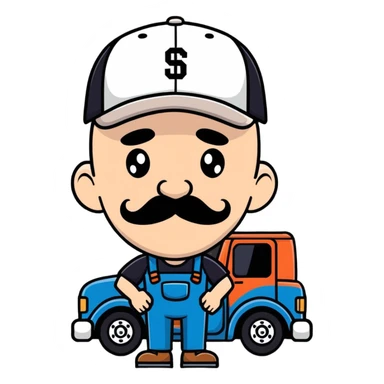 bald truck driver with a mustache and a baseball cap sticker