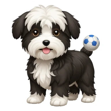 mostly white & black Havenese dog standing with ball sticker