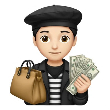 Crea un ladrón con camiseta a rallas blancas y negras con una boina y dos bolsas de dinero en las manos sticker