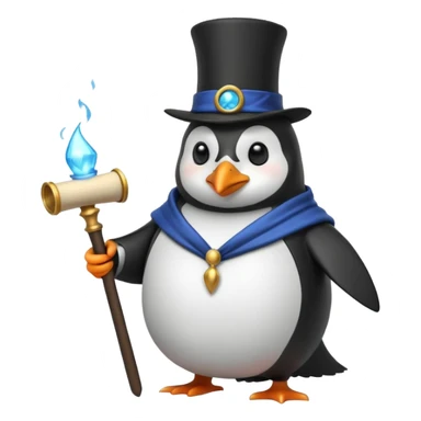 A penguin wizard with a top hat and a magic scroll sticker