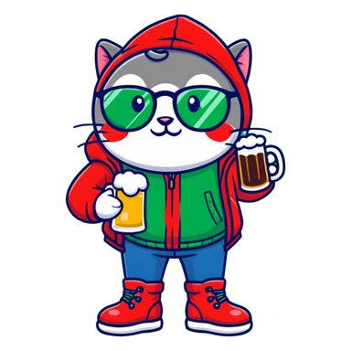 Catfish in a red winter jacket with hood, wearing round glasses, blue jeans, red boots, holding a beer can with a red label sticker